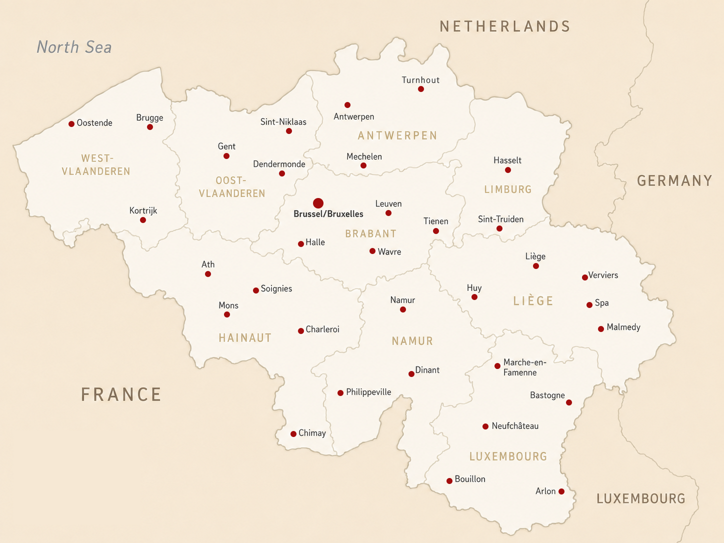 Carte de la Belgique avec les principales zones d'intervention de Cézame Antiques
